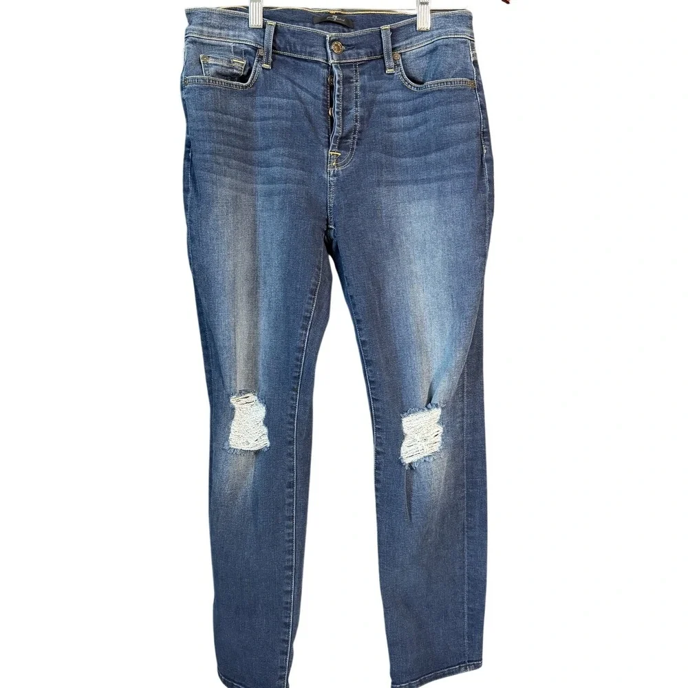 7 For All Mankind Distressed Skinny Jeans 29 Blue‎ Button Fly Knee Rips